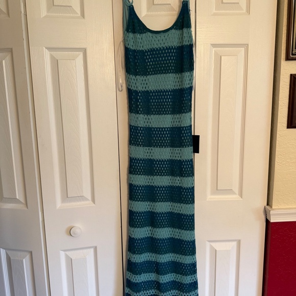 Lulus Picturesque Summer Teal Blue Striped Crochet Midi Dress - Size S - Picture 6 of 6